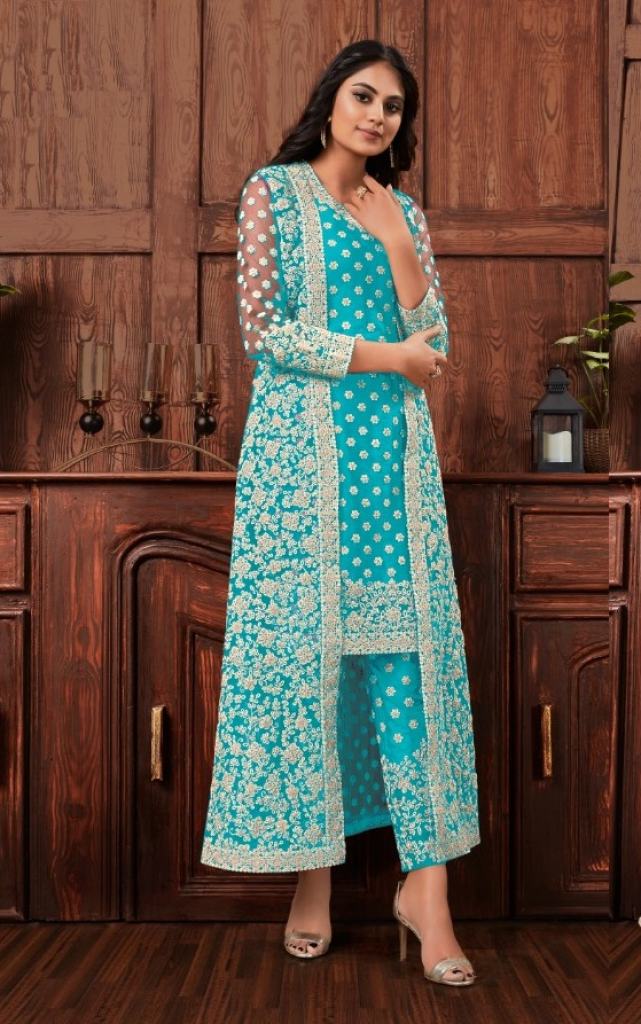Cord Embroidery Work Sky Blue Color Suit With Net Dupatta.